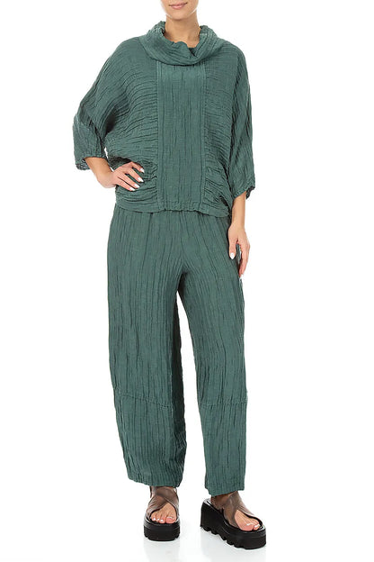 Cowl Neck Crinkled Sage Silk Blouse