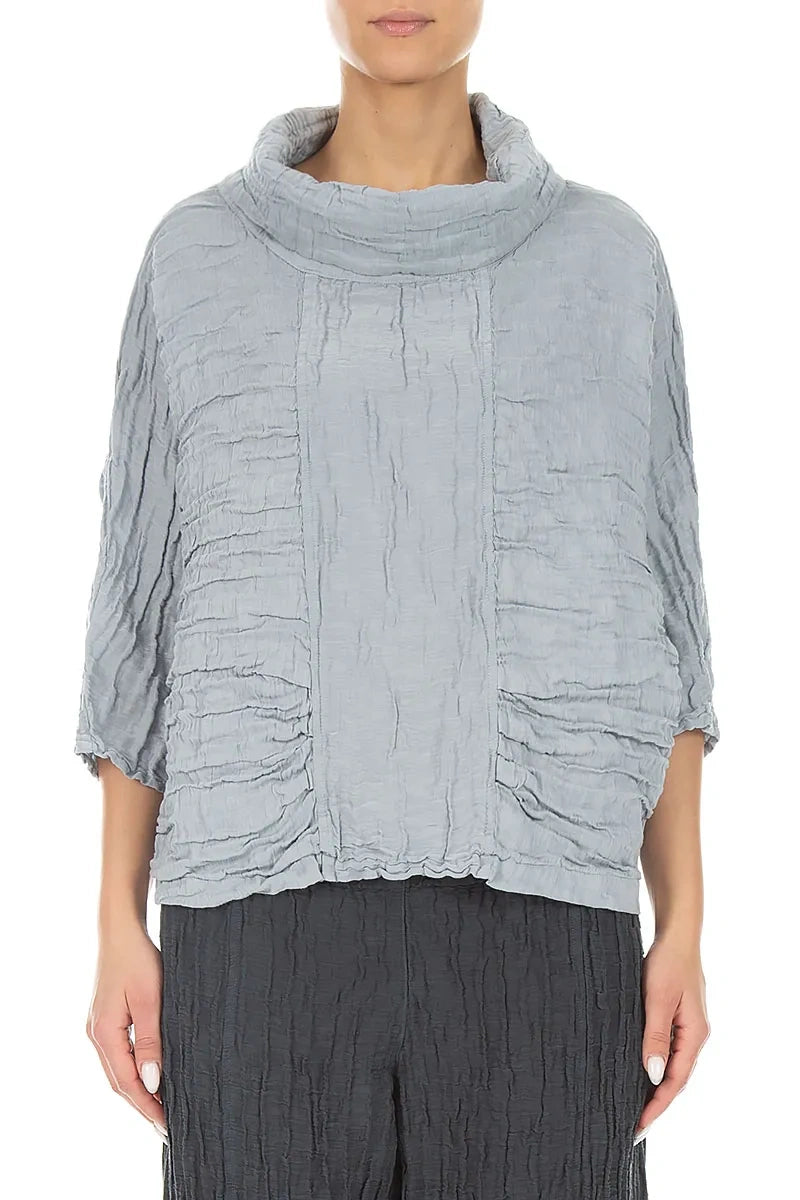 Cowl Neck Crinkled Silver Grey Silk Linen Blouse 1