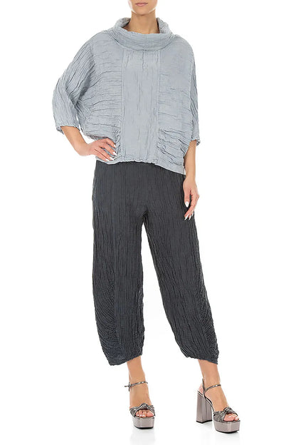 Cowl Neck Crinkled Silver Grey Silk Linen Blouse 4