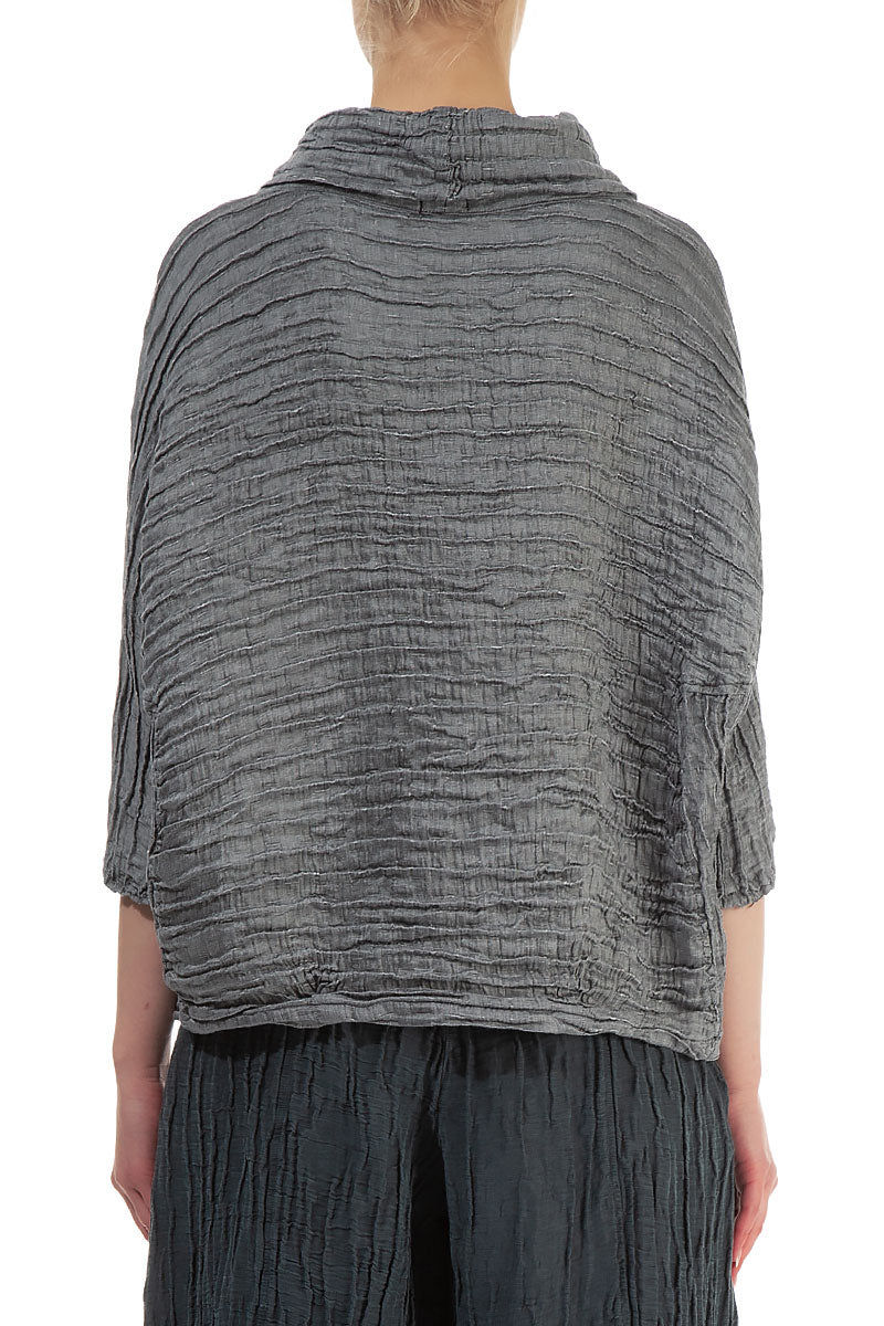 Cowl Neck Crinkled Silver Silk Blouse