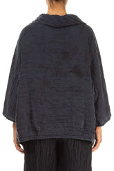 Cowl Neck Crinkled Slate Blue Marble Silk Blouse 2