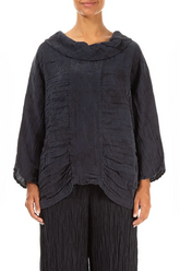 Cowl Neck Crinkled Slate Blue Marble Silk Blouse 1