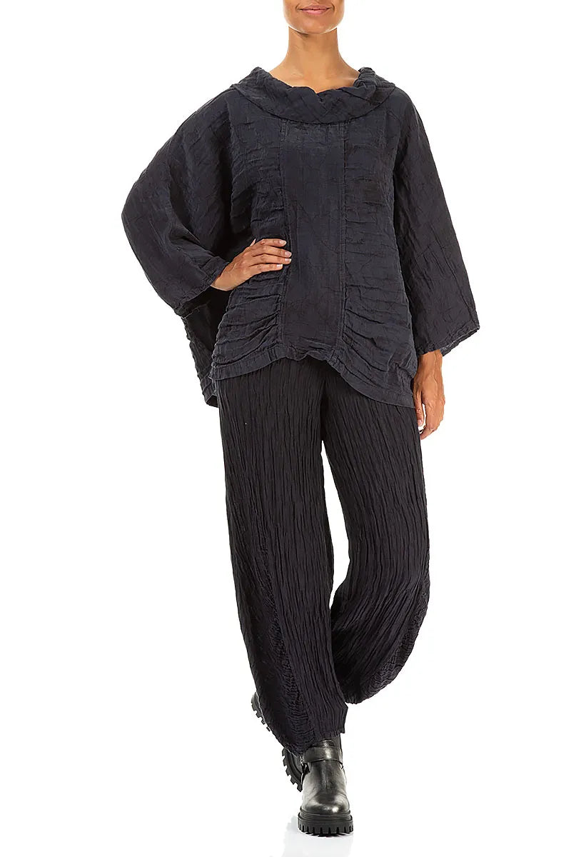 Cowl Neck Crinkled Slate Blue Marble Silk Blouse 4