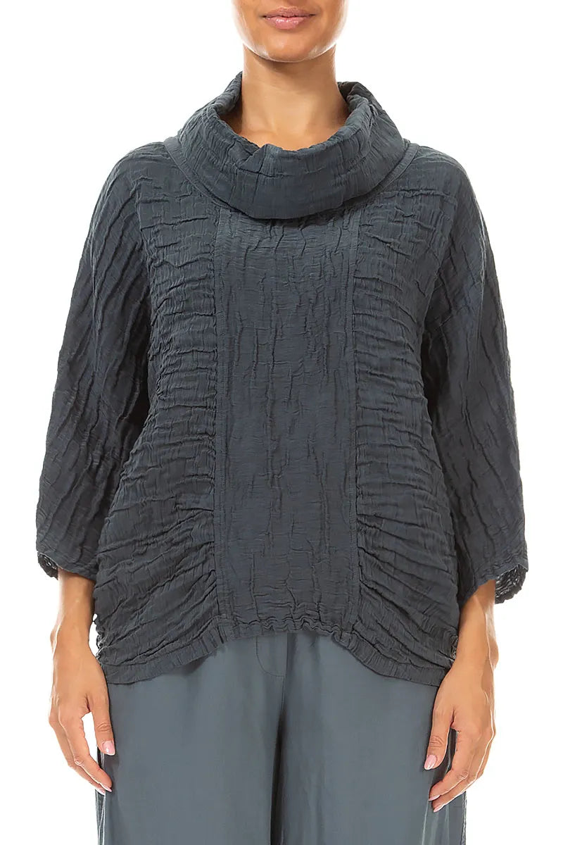 Cowl Neck Crinkled Slate Silk Linen Blouse