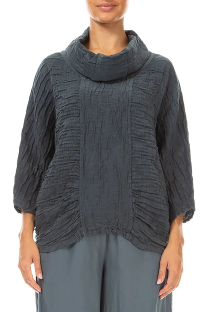 Cowl Neck Crinkled Slate Silk Linen Blouse