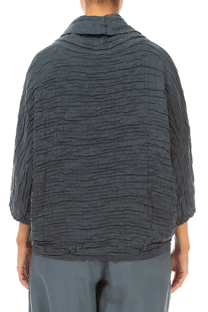 Cowl Neck Crinkled Slate Silk Linen Blouse