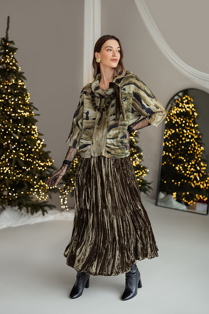 Cowl Neck Crinkled Terra Silk Blouse