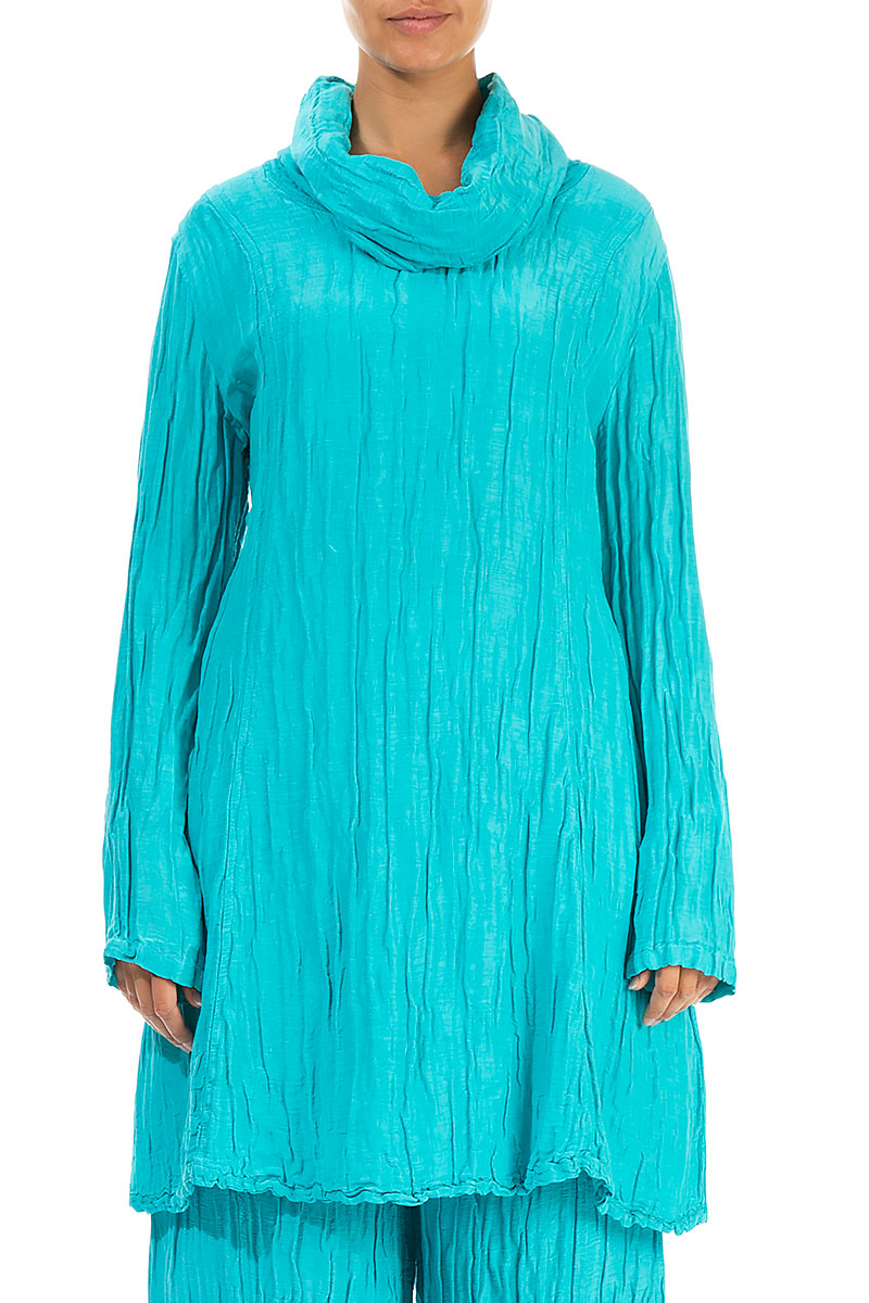 Cowl Neck Crinkled Turquoise Silk Tunic