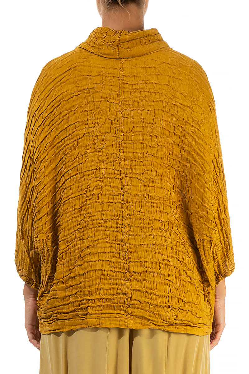 Cowl Neck Crinkled Yellow Ochre Silk Blouse