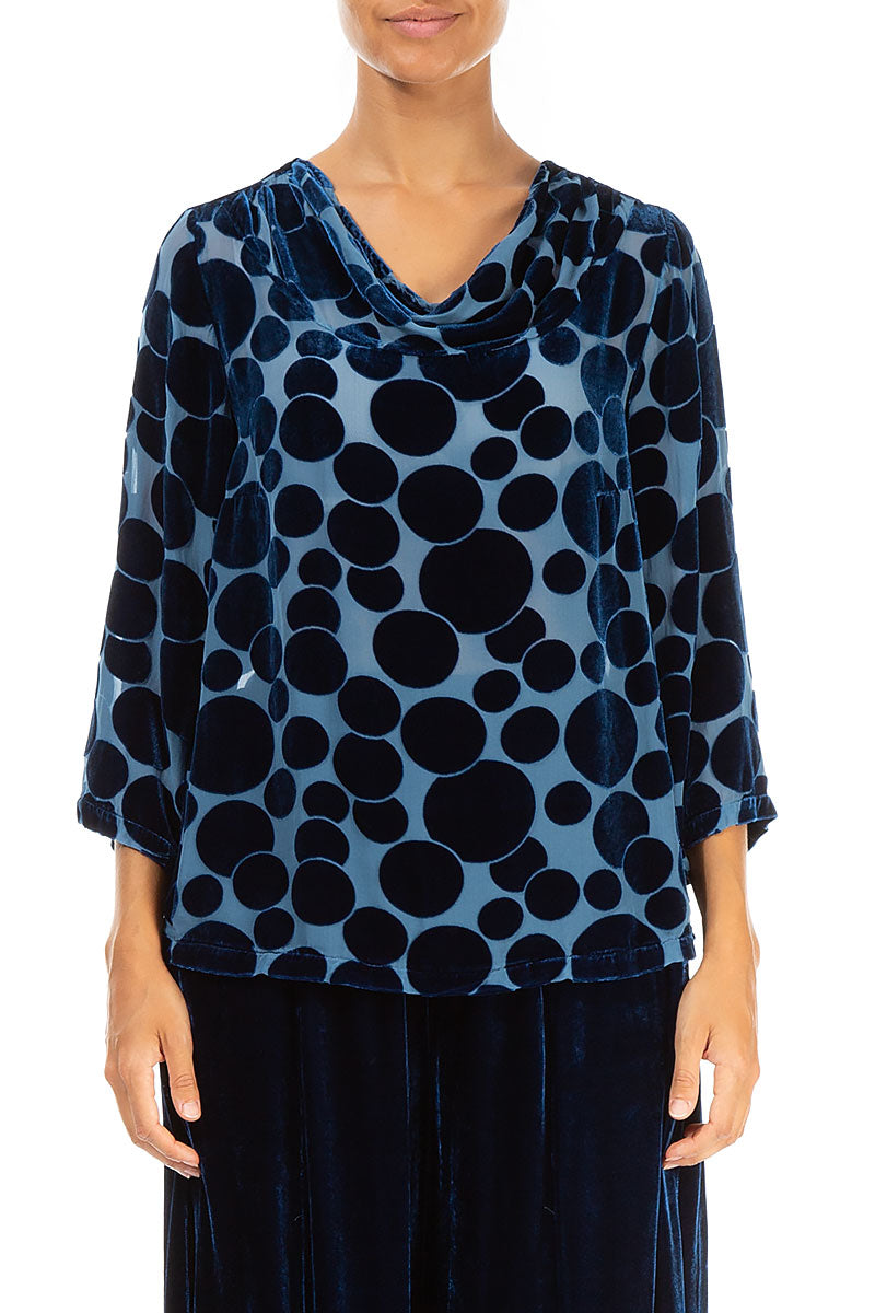 Cowl Neck Devoré Bubbles Azure Silk Velvet Blouse