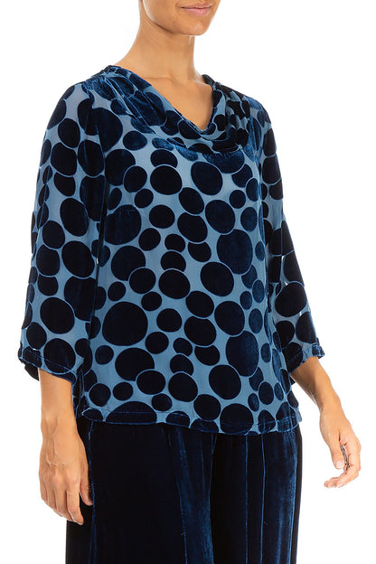 Cowl Neck Devoré Bubbles Azure Silk Velvet Blouse