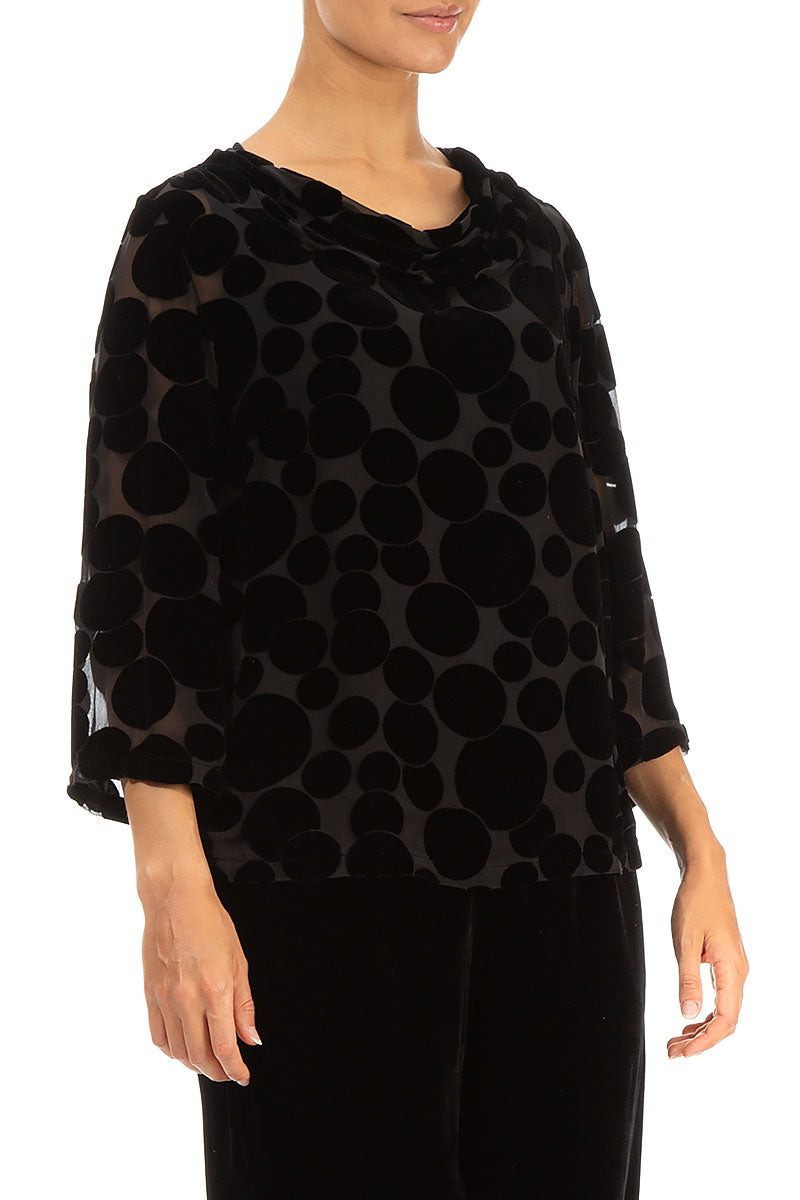 Cowl Neck Devoré Bubbles Black Silk Velvet Blouse