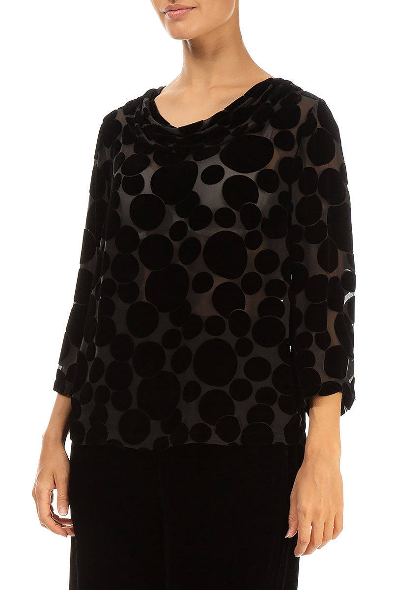 Cowl Neck Devoré Bubbles Black Silk Velvet Blouse