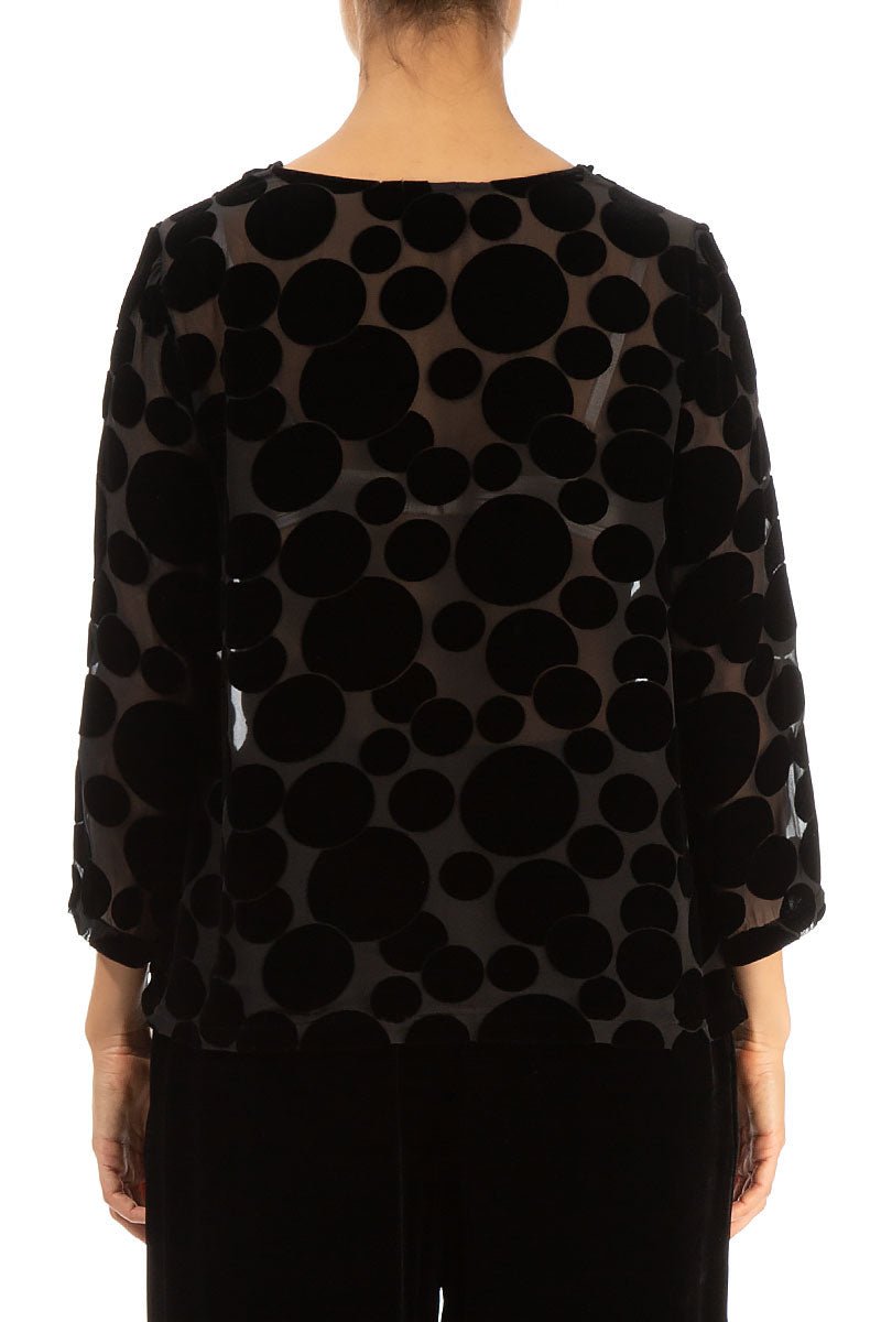 Cowl Neck Devoré Bubbles Black Silk Velvet Blouse