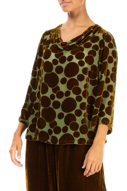 Cowl Neck Devoré Bubbles Golden Olive Silk Velvet Blouse