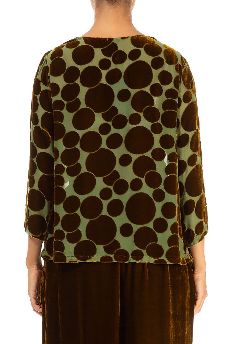 Cowl Neck Devoré Bubbles Golden Olive Silk Velvet Blouse