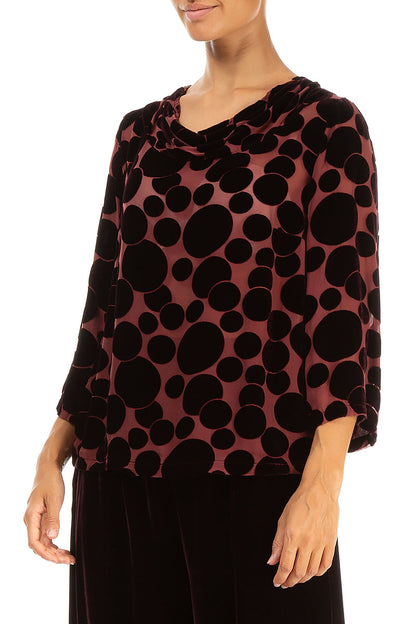 Cowl Neck Devoré Bubbles Merlot Silk Velvet Blouse