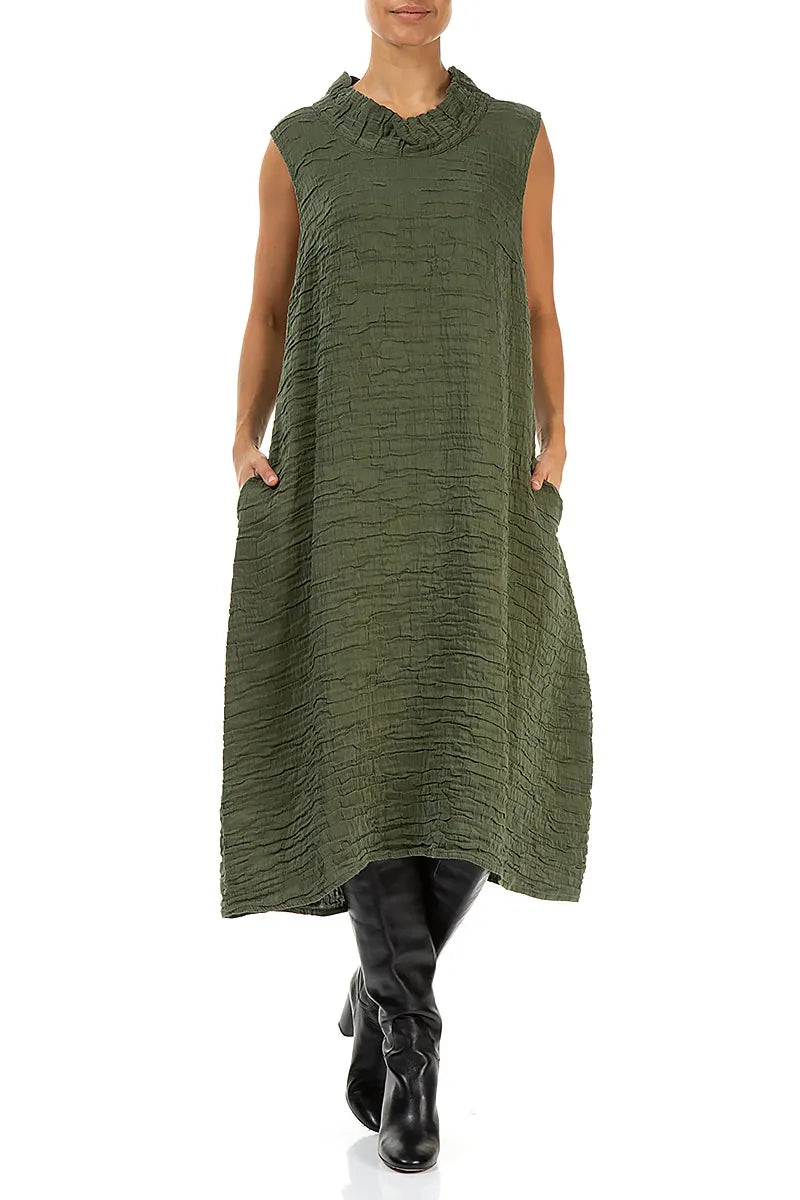 Cowl Neck Forest Mist Crinkled Silk Linen Dress 3