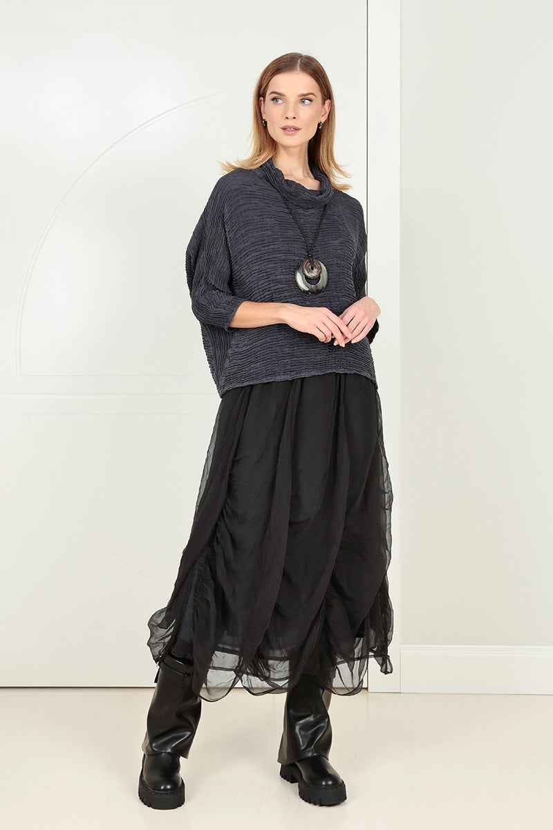 Cowl Neck Graphite Blue Plissé Silk Blouse 6
