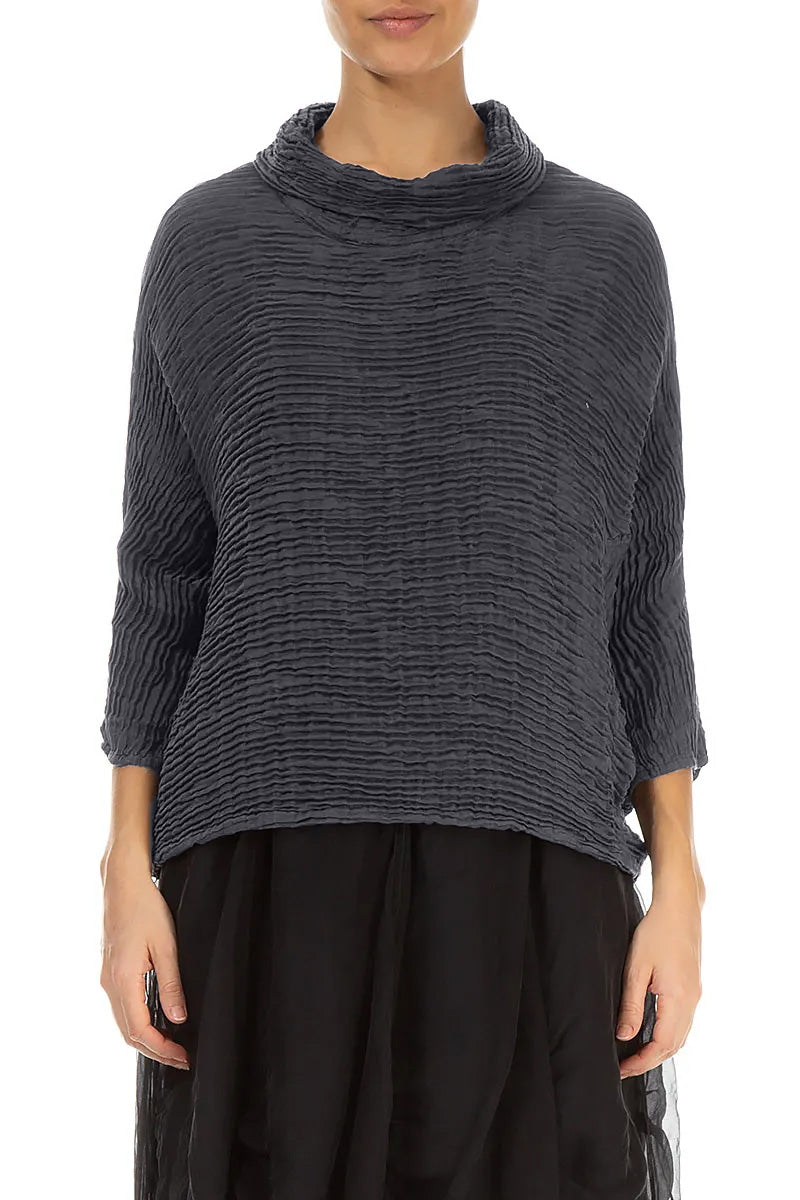 Cowl Neck Graphite Blue Plissé Silk Blouse 1