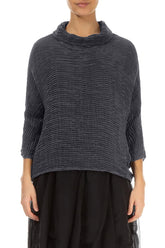 Cowl Neck Graphite Blue Plissé Silk Blouse 1