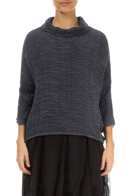 Cowl Neck Graphite Blue Plissé Silk Blouse 1