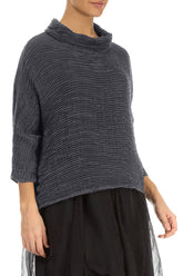 Cowl Neck Graphite Blue Plissé Silk Blouse 3