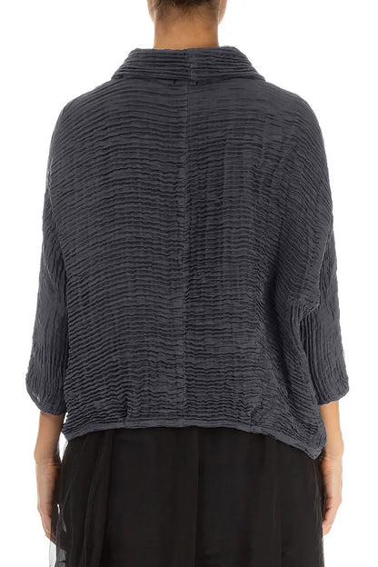 Cowl Neck Graphite Blue Plissé Silk Blouse 2