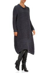 Cowl Neck Graphite Blue Plissé Silk Dress 3