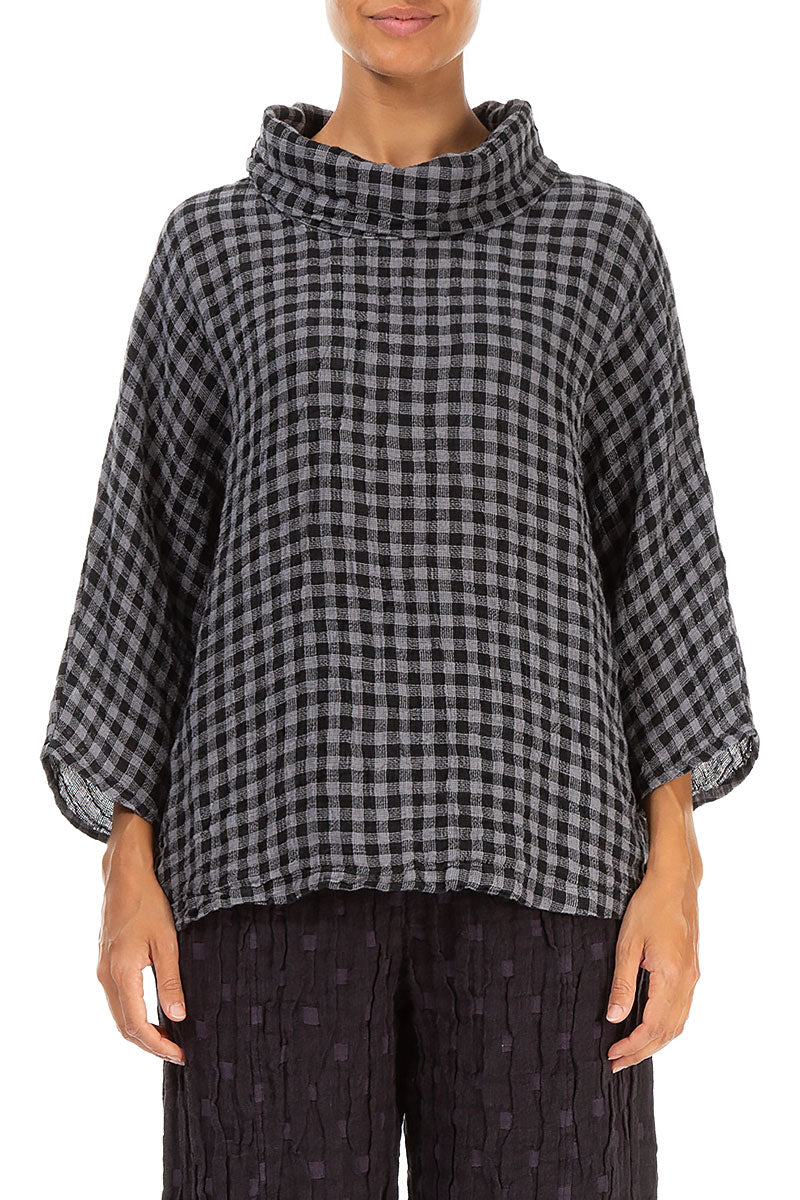 Cowl Neck Grey Check Linen Blouse