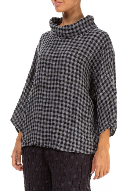 Cowl Neck Grey Check Linen Blouse