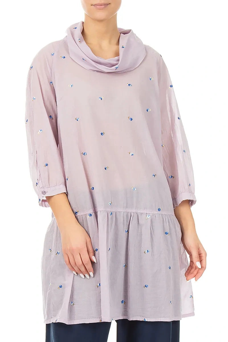 Cowl Neck Lilac Embroidered Petals Cotton Tunic 3