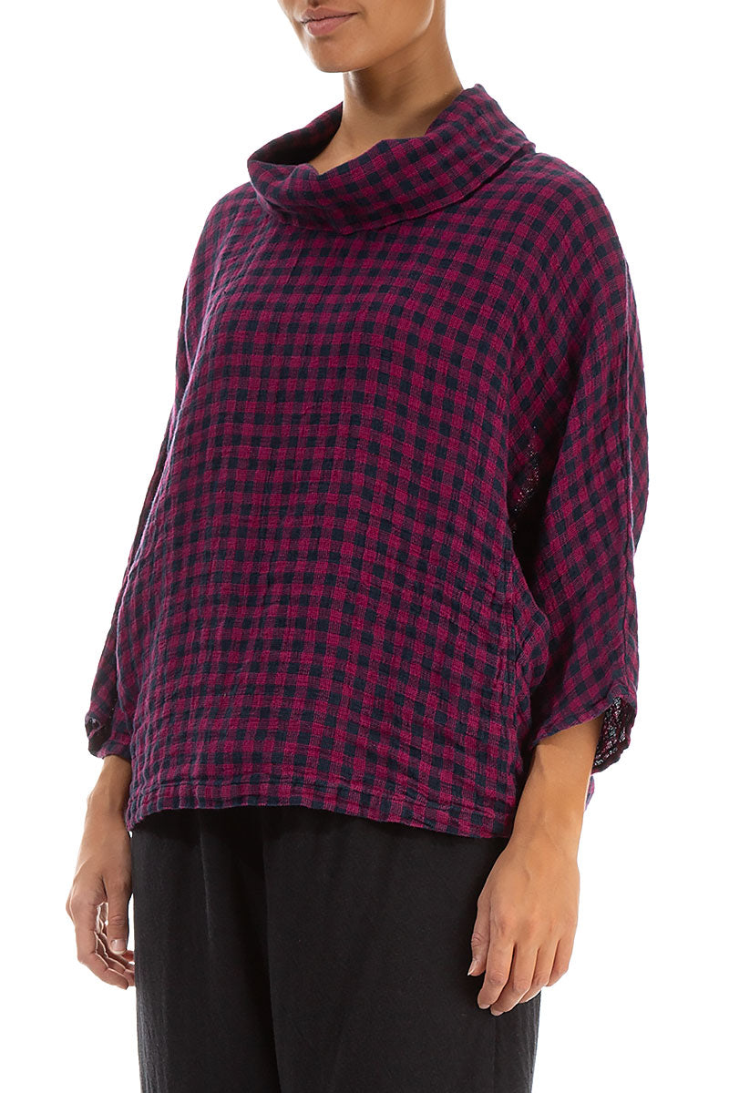 Cowl Neck Magenta Check Linen Blouse