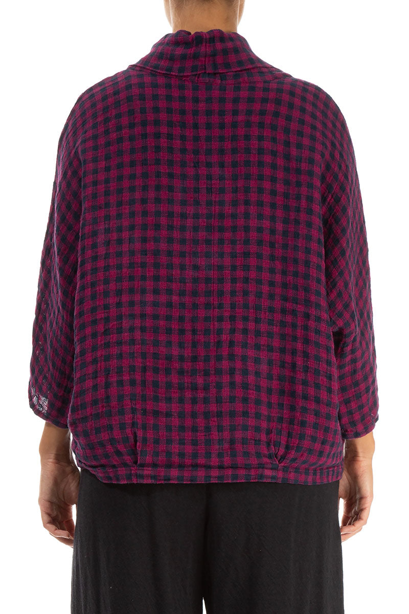 Cowl Neck Magenta Check Linen Blouse