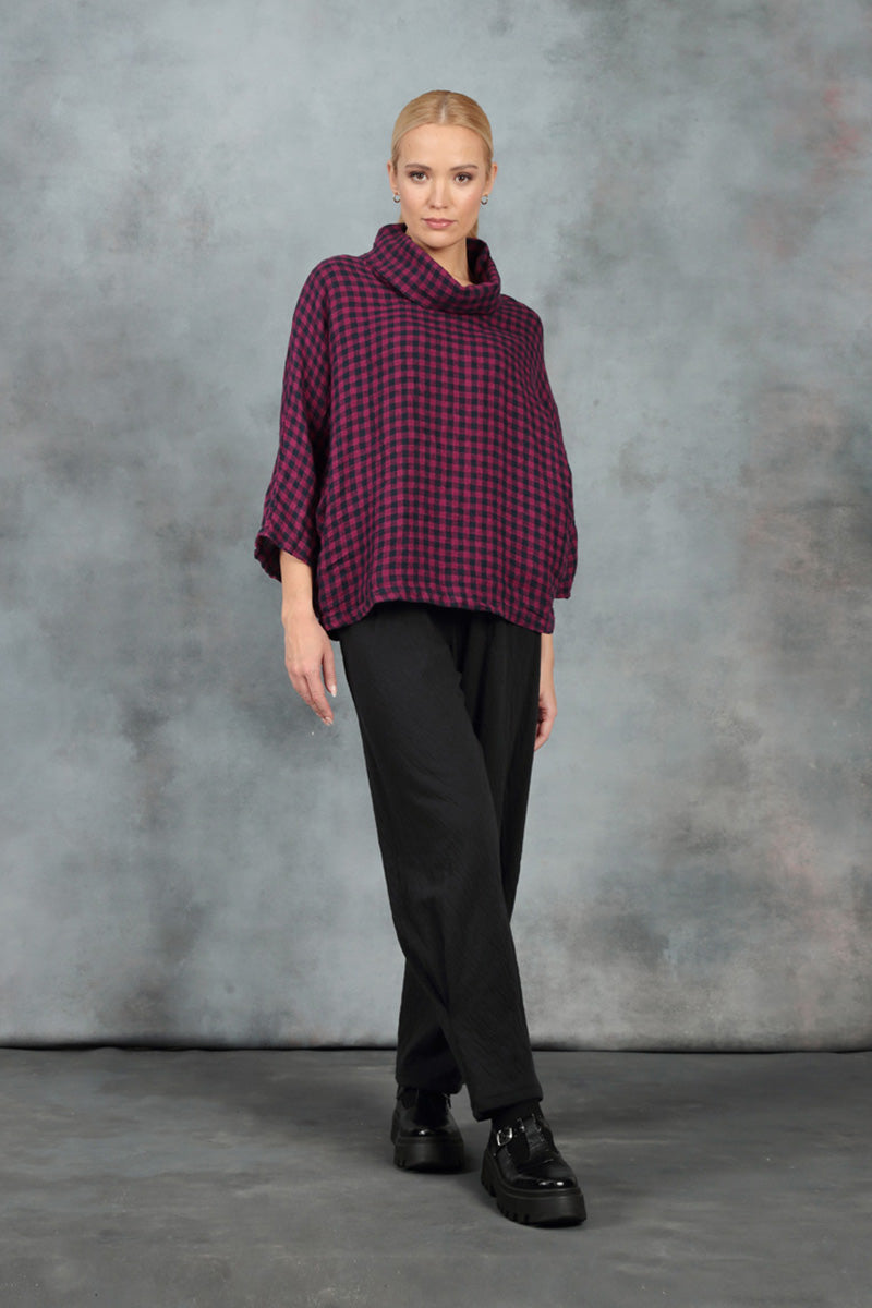 Cowl Neck Magenta Check Linen Blouse