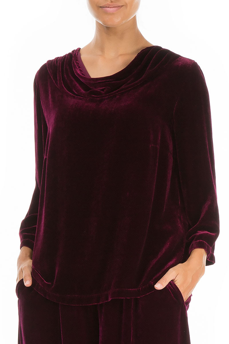 Cowl Neck Magenta Silk Velvet Blouse