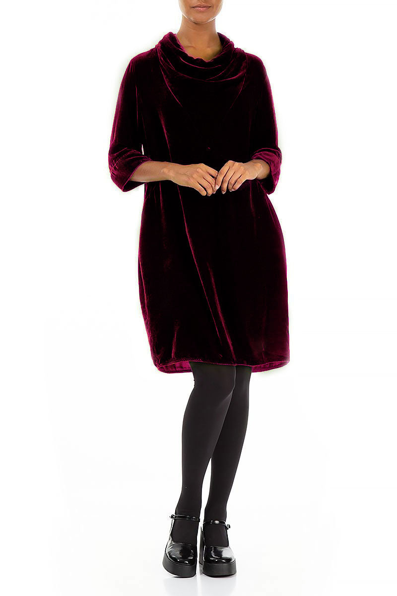 Cowl Neck Magenta Silk Velvet Dress