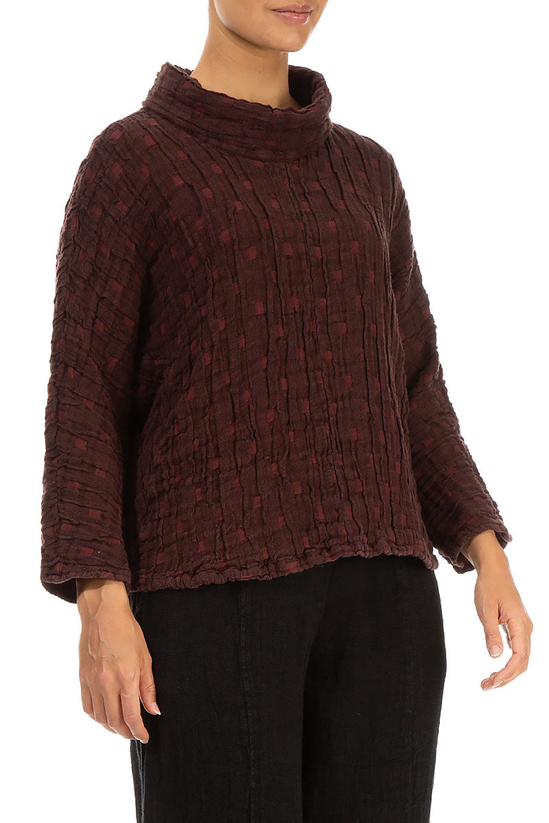 Cowl Neck Merlot Textured Linen Blouse