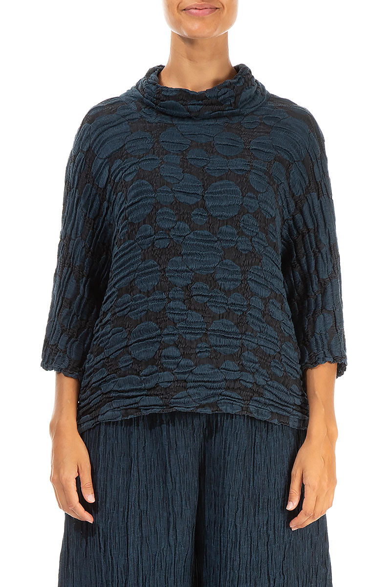 Cowl Neck Midnight Blue Circle Silk Linen Blouse