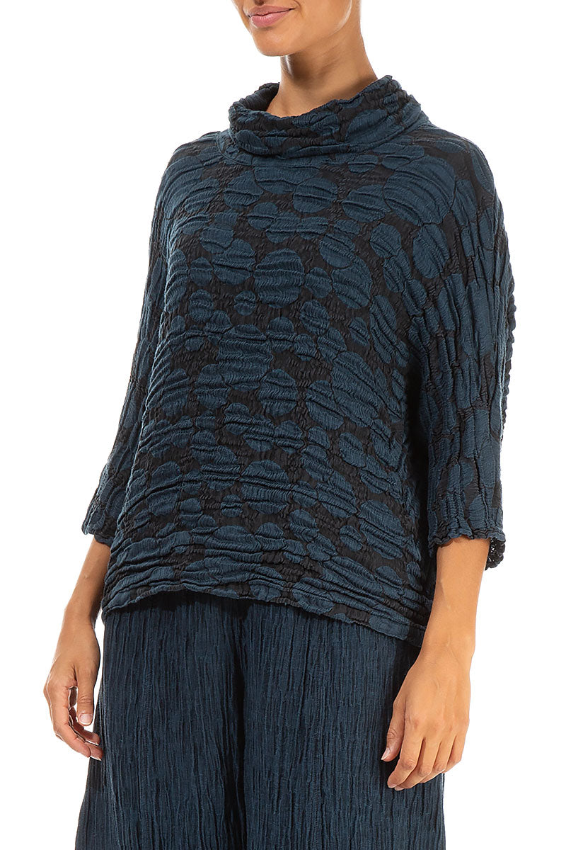 Cowl Neck Midnight Blue Circle Silk Linen Blouse