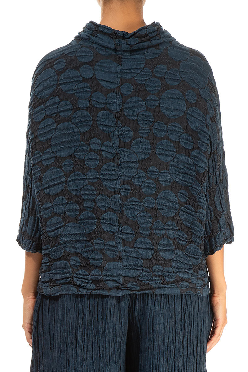 Cowl Neck Midnight Blue Circle Silk Linen Blouse