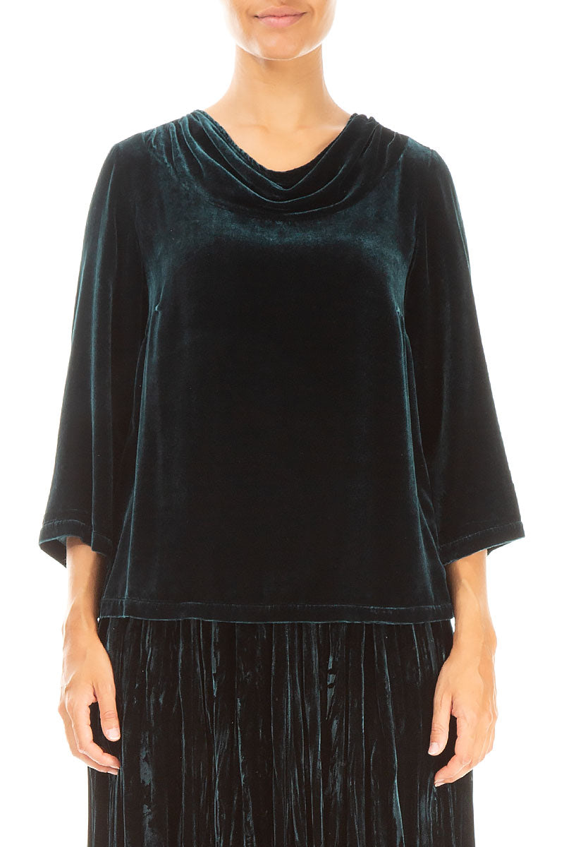 Cowl Neck Peacock Silk Velvet Blouse
