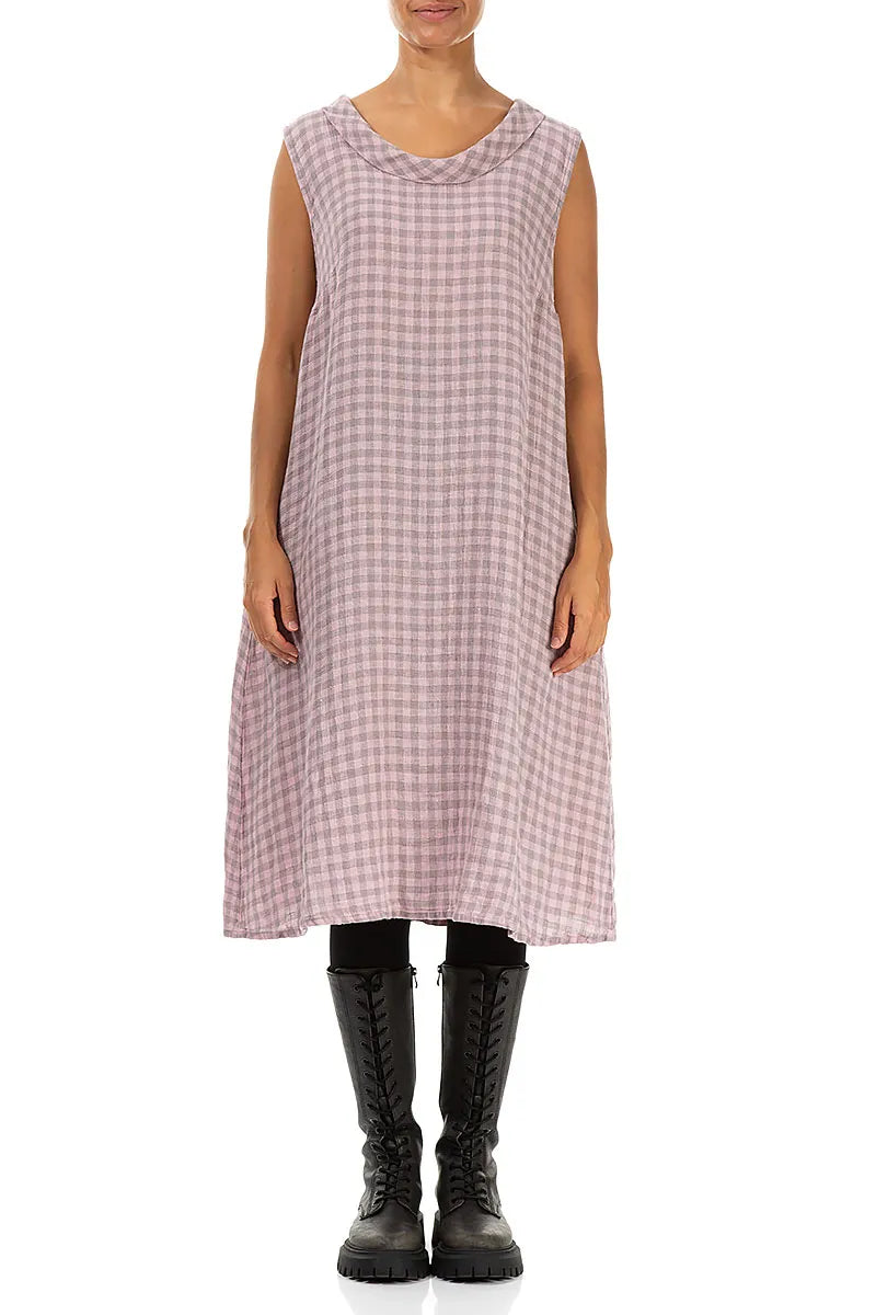 Cowl Neck Pink Check Linen Midi Dress 1