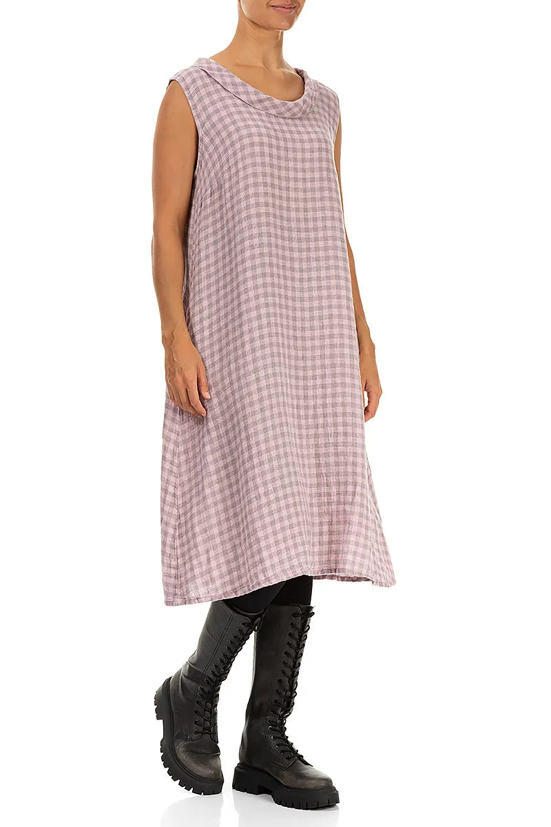 Cowl Neck Pink Check Linen Midi Dress 3