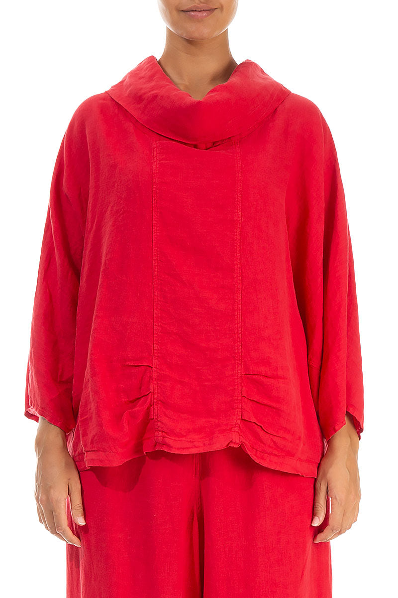 Cowl Neck Bright Red Linen Blouse