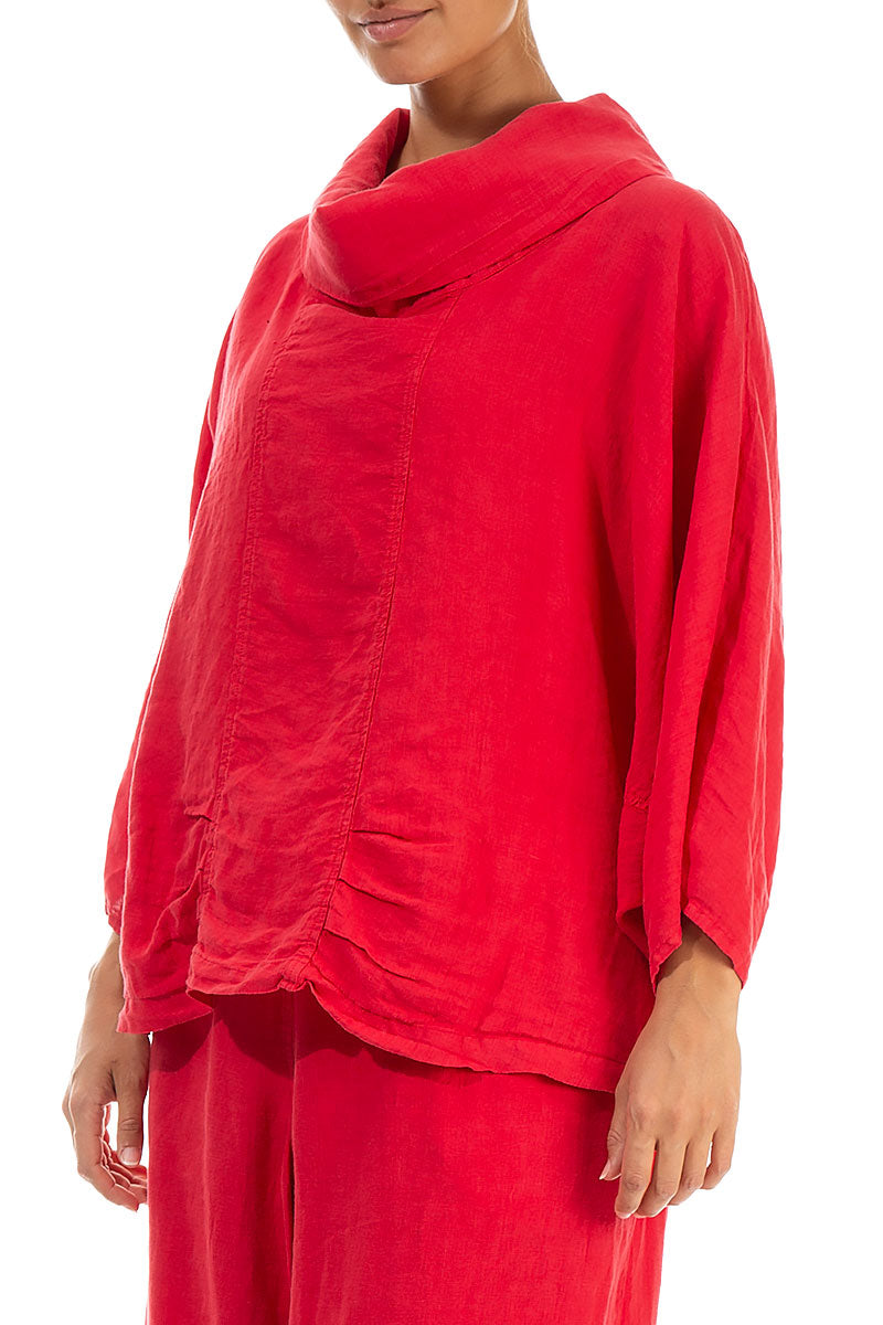 Cowl Neck Bright Red Linen Blouse