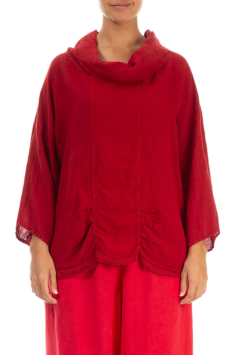 Cowl Neck Red Linen Blouse 1