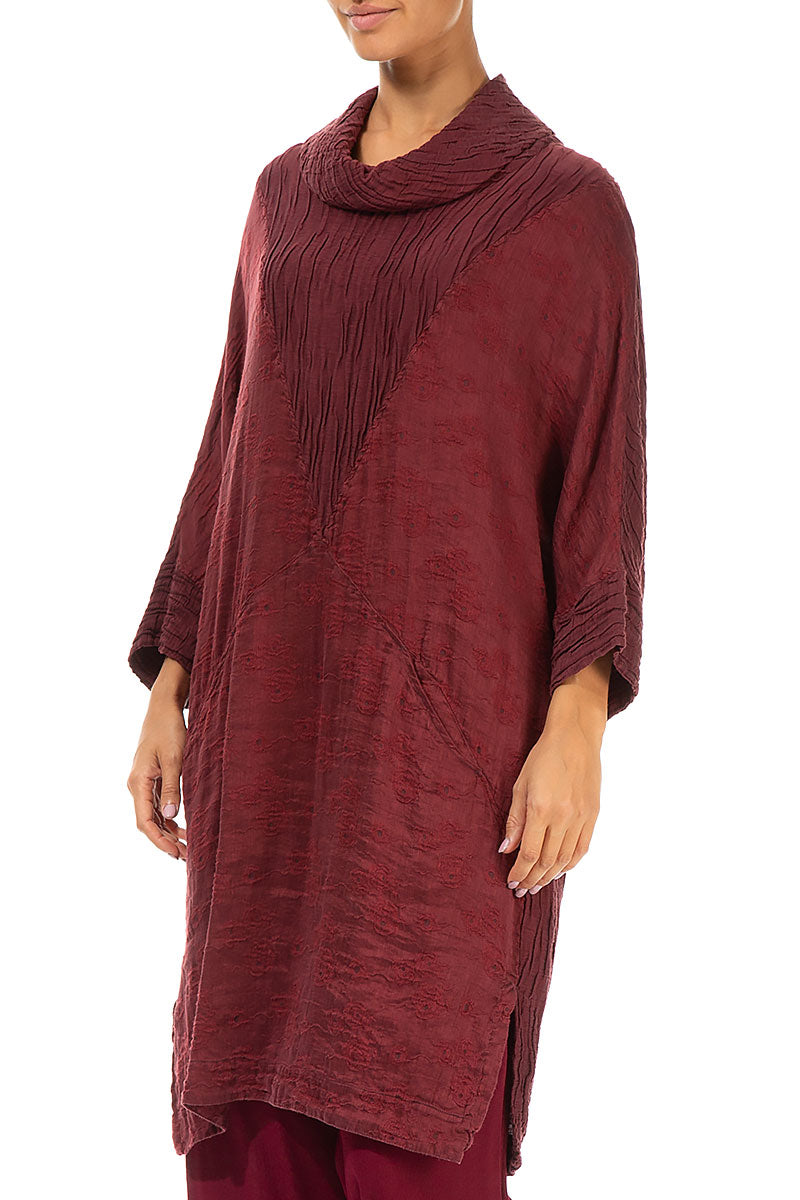 Cowl Neck Rose Pattern Burgundy Silk Linen Tunic