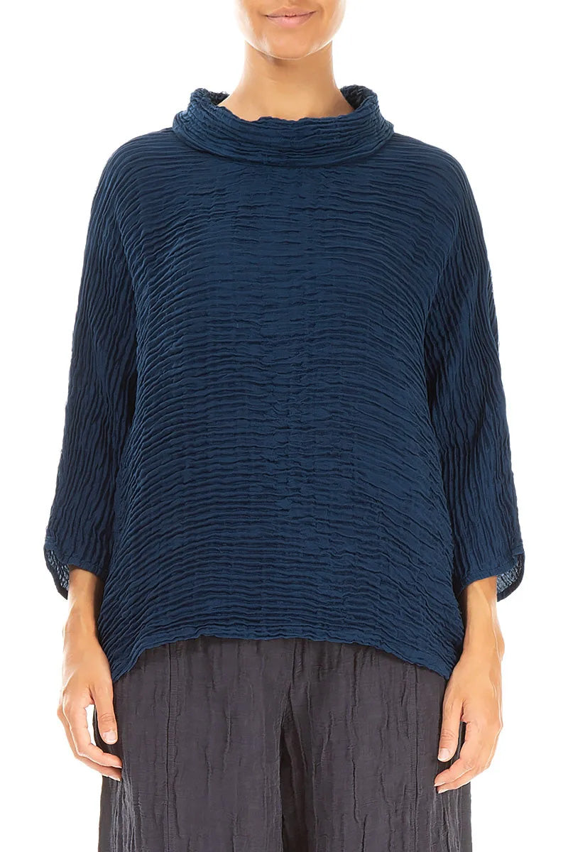 Cowl Neck Royal Blue Plissé Silk Blouse 1