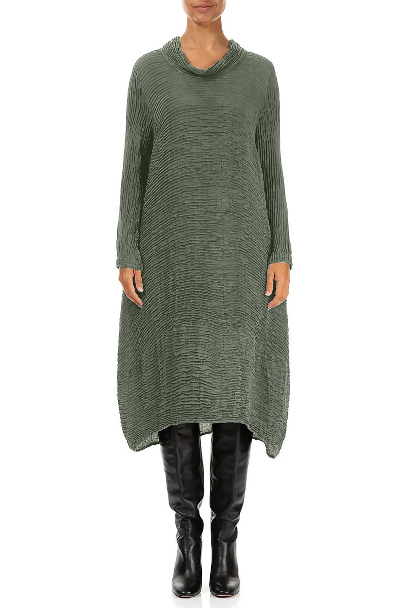 Cowl Neck Sage Plissé Silk Dress